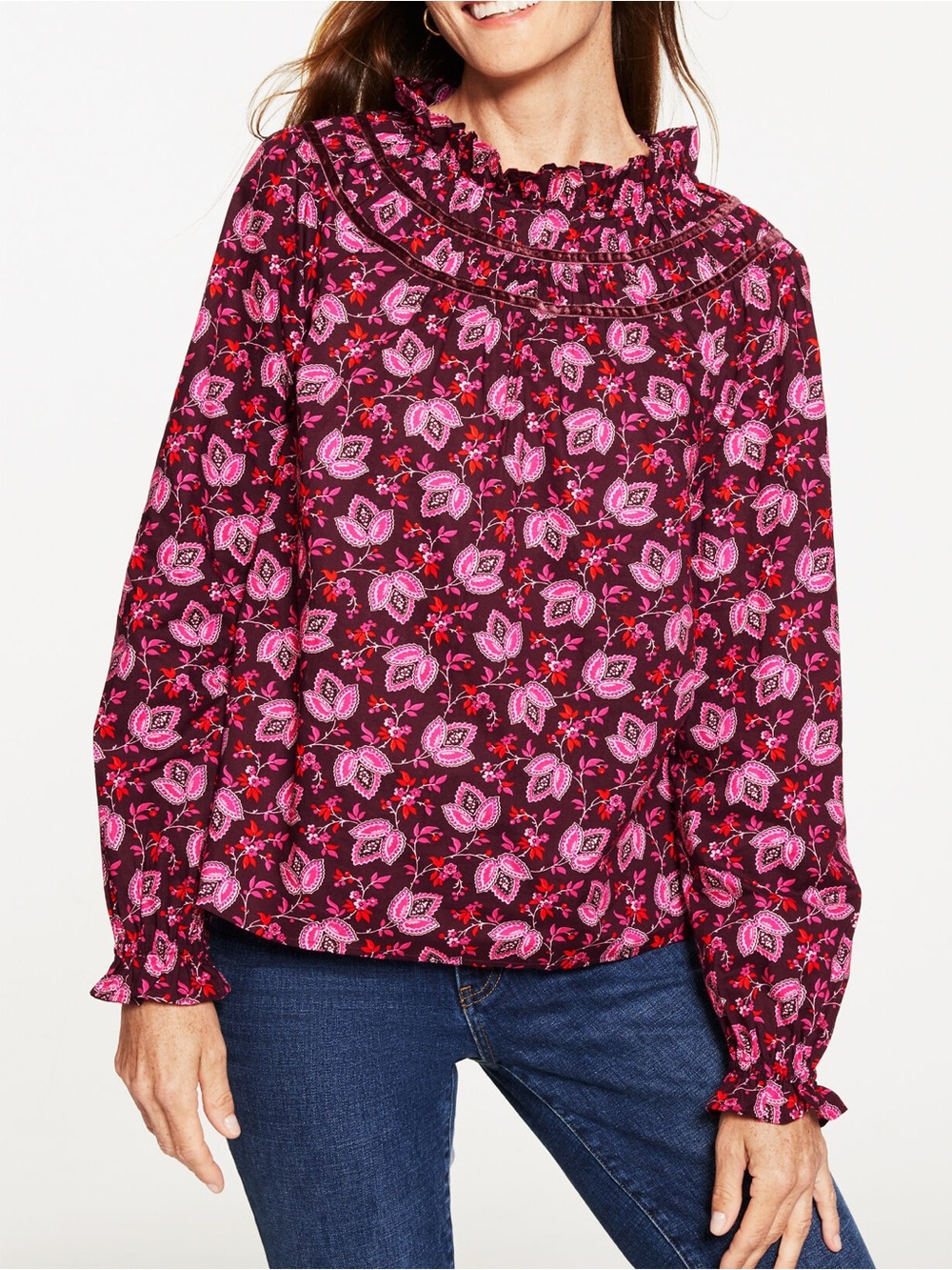 Talbots Burgundy Pink Paisley Floral Ruffle Neck Long Sleeve Cotton Top Size MP